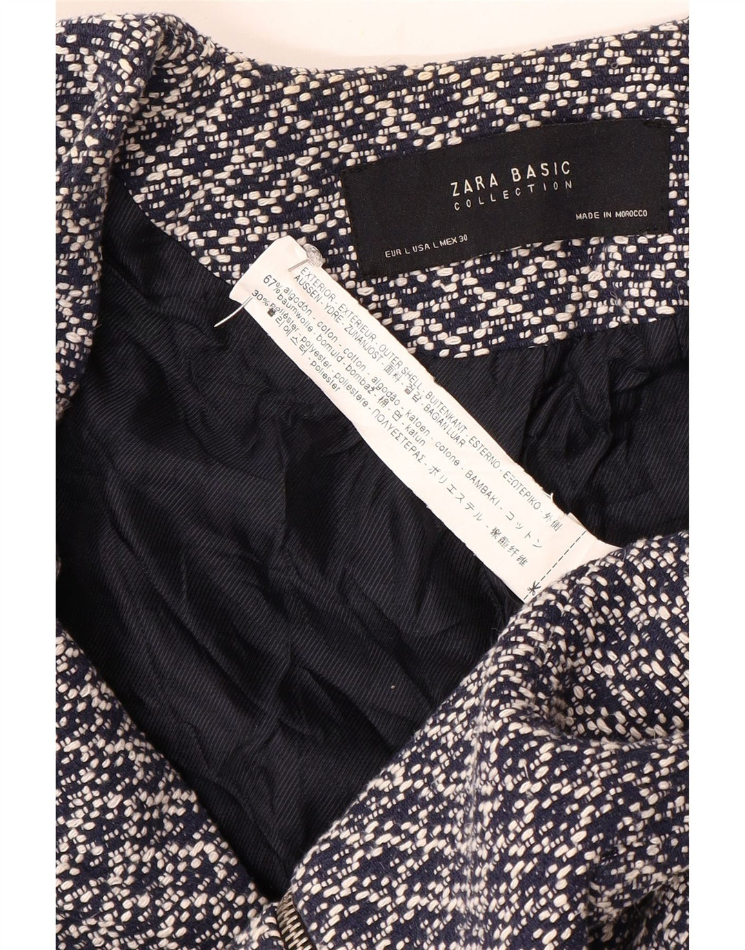 Jaqueta blazer feminina Zara com padrão abstrato Reino Unido 14 grande algodão azul marinho