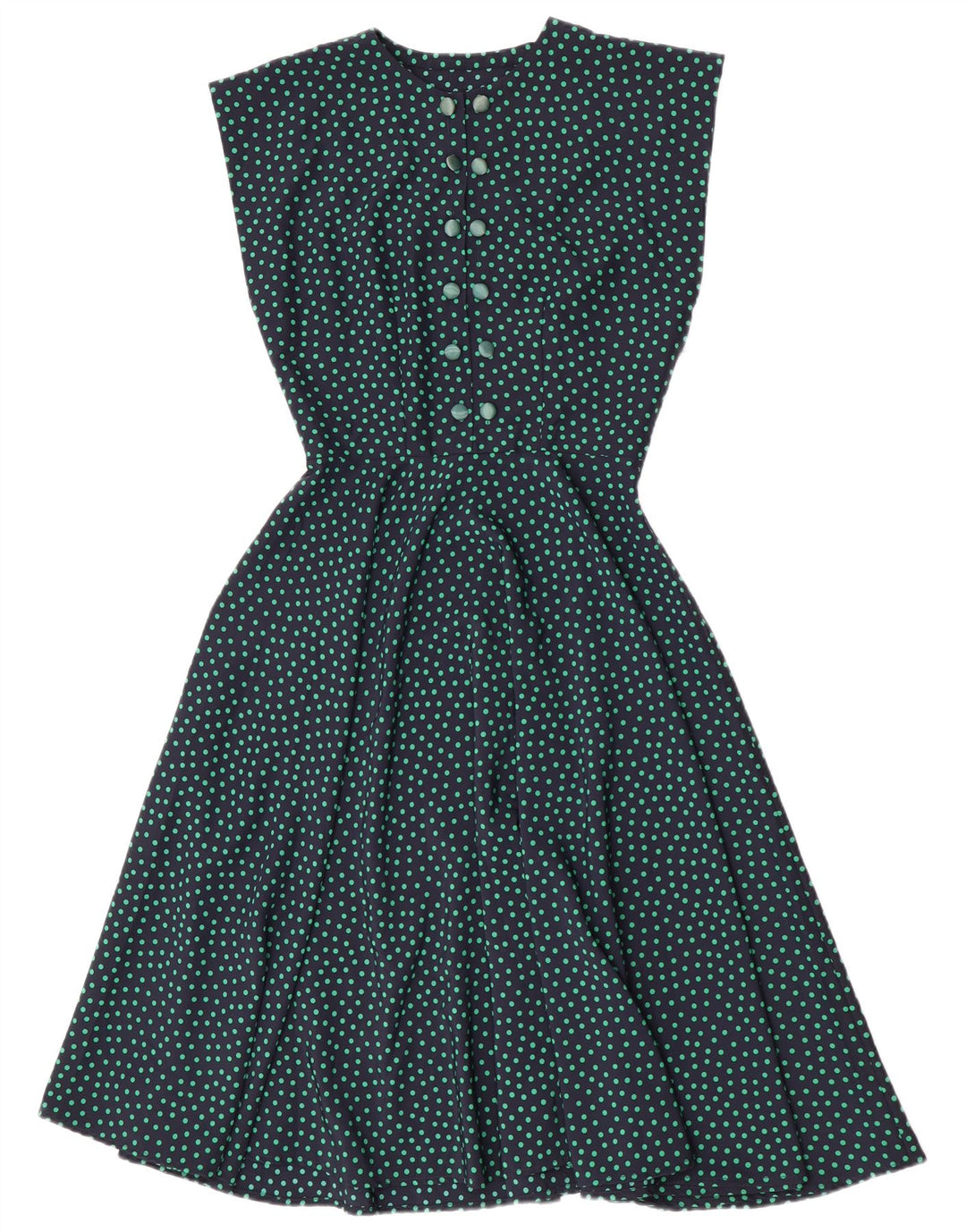 Vestido vintage feminino evasê UK 10 pequeno azul marinho bolinhas
