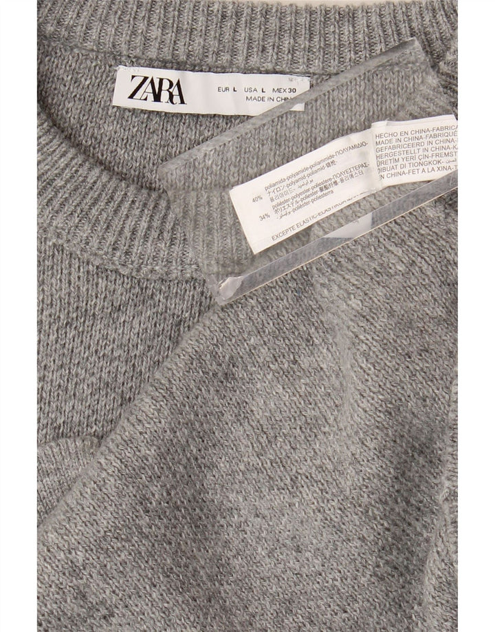 Zara Suéter feminino com gola redonda, Reino Unido 16, grande, cinza, poliamida