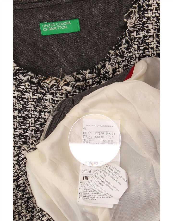 Jaqueta blazer feminina BENETTON crop aberta Reino Unido 10 pequeno cinza houndstooth