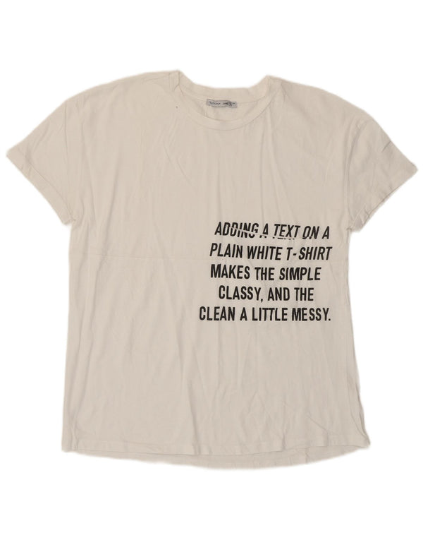 Camiseta feminina gráfica Zara Top UK 10 pequena branca
