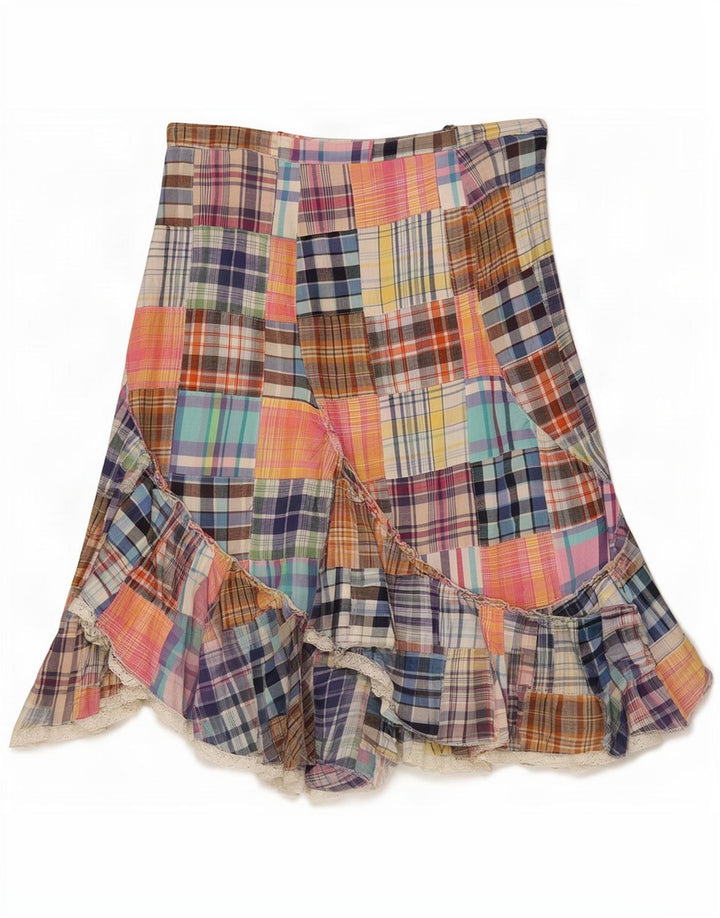 Saia larga feminina vintage IT 42 médio W29 patchwork multicolorido algodão