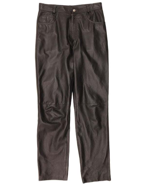 Calças de couro retas masculinas vintage UK 34 XS W30 L33 pretas
