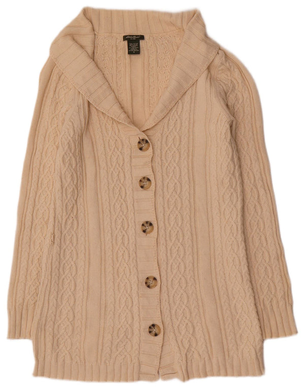 Suéter cardigã feminino Eddie Bauer com palangre Reino Unido 10 algodão bege pequeno