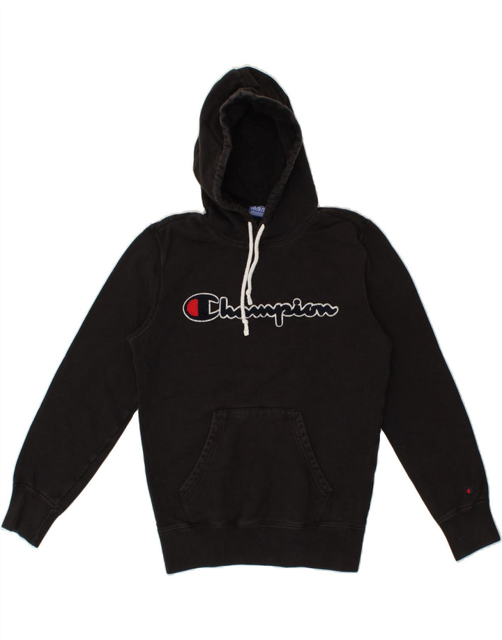CHAMPION Mens Graphic Hoodie Jumper Small Black Cotton Vintage Champion and Second-Hand Champion from Messina Hembry 