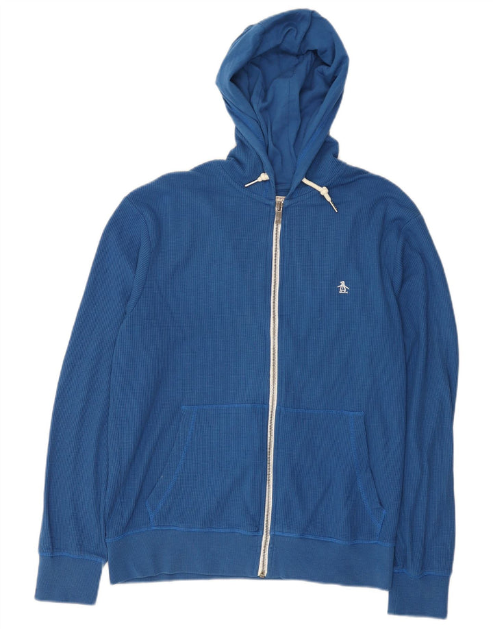 Suéter masculino Penguin com capuz e zíper de algodão azul médio