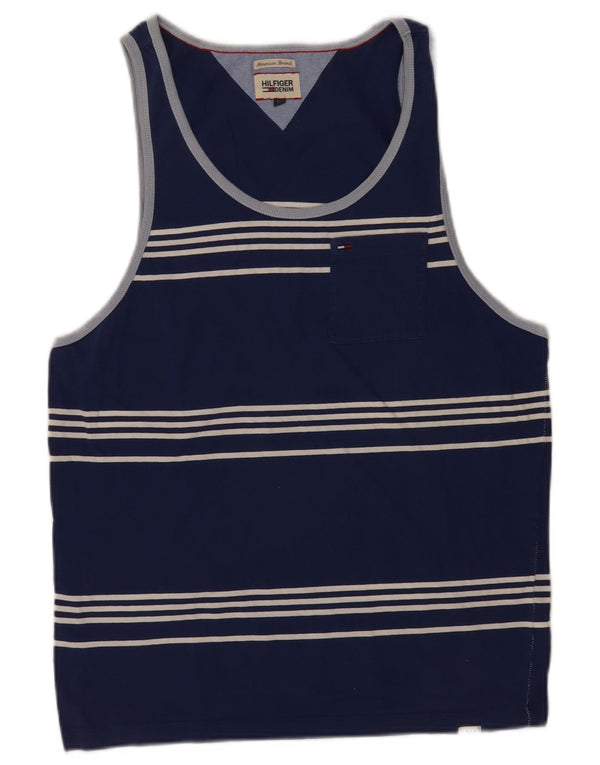 Tommy Hilfiger Colete Masculino Top Médio Azul Marinho Listrado Algodão
