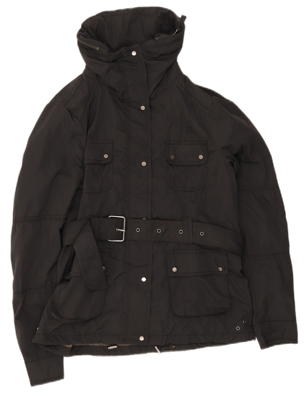 Jaqueta utilitária feminina vintage com cinto UK 12 médio preto