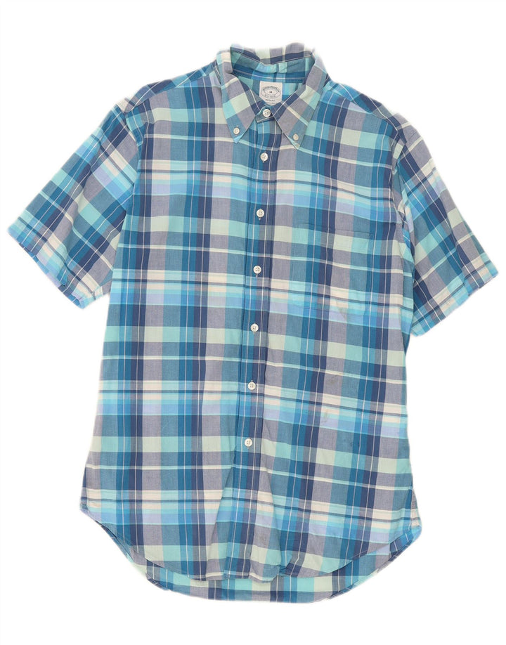 Camisa masculina Brooks Brothers Regent de manga curta de algodão xadrez azul médio
