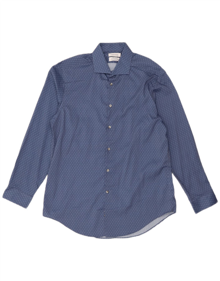 Camisa masculina Calvin Klein Slim Fit tamanho 16 1/2 grande poliéster geométrico azul