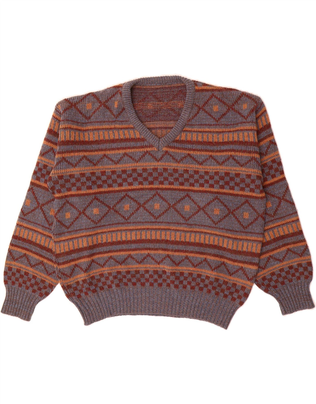 VINTAGE Mens V-Neck Jumper Sweater XL Grey Geometric Acrylic Vintage Vintage and Second-Hand Vintage from Messina Hembry 