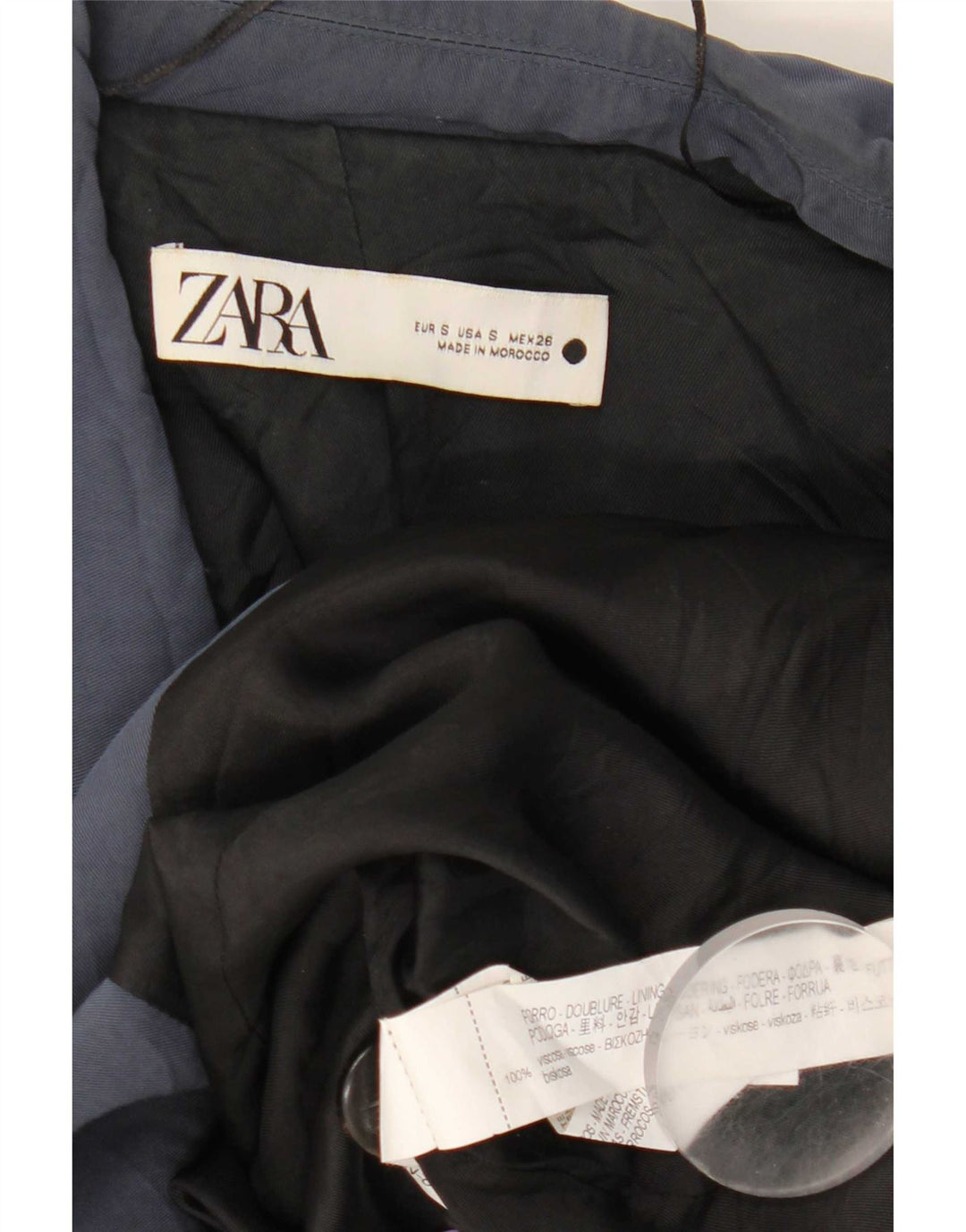 Jaqueta blazer feminina Zara com 1 botão grande Reino Unido 10 pequena azul marinho viscose