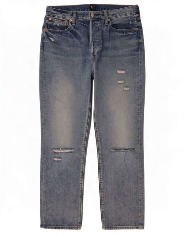 Gap Calça jeans feminina cintura alta desgastada reta EUA 6 médio W28 L28 azul