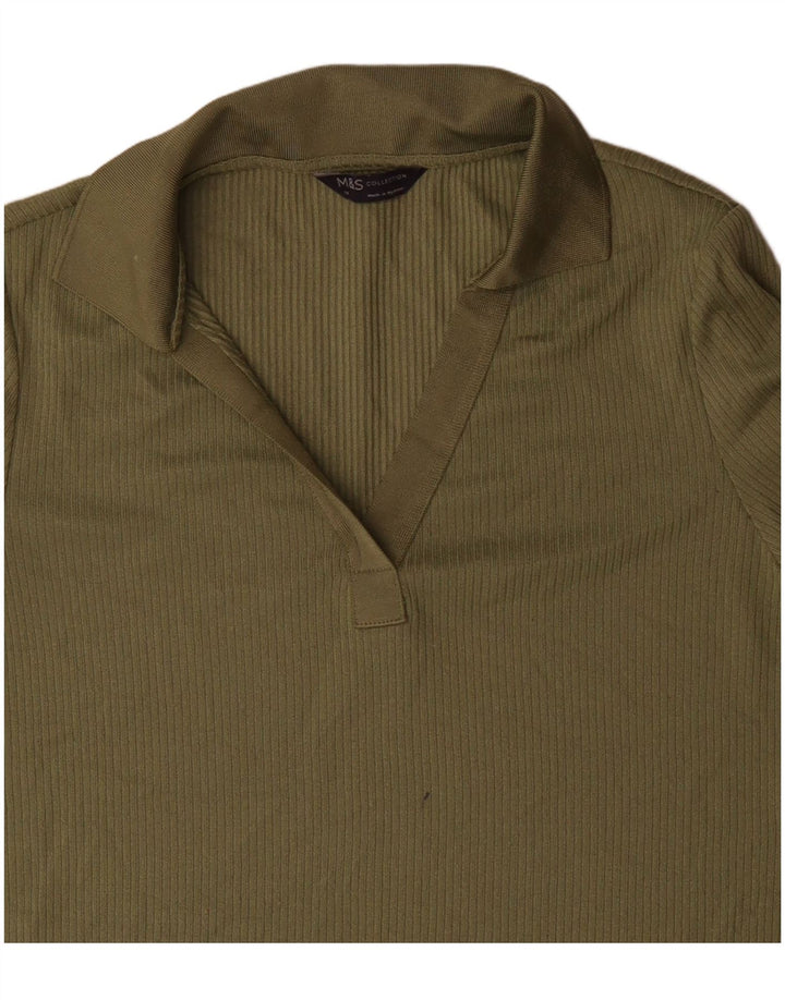 Camisa pólo feminina de manga comprida Marks & Spencer Reino Unido 14 grande poliéster verde