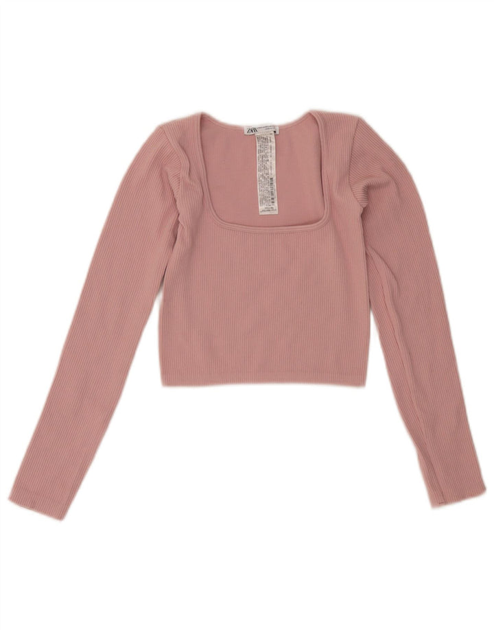 Top cropped feminino Zara manga comprida UK 4 XS rosa poliamida