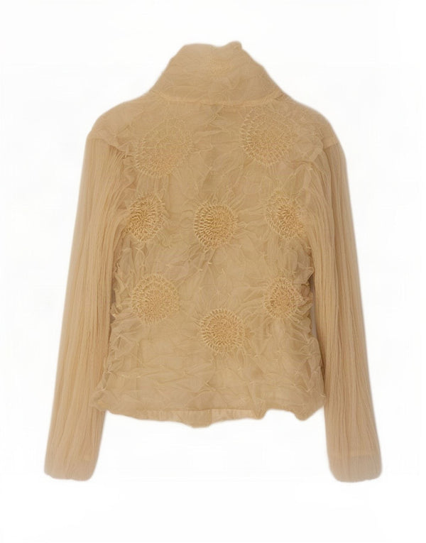 Blusa feminina vintage UK 14 grande poliéster floral bege