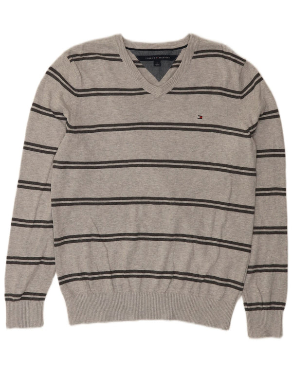 Tommy Hilfiger Suéter masculino com gola V e algodão listrado cinza médio