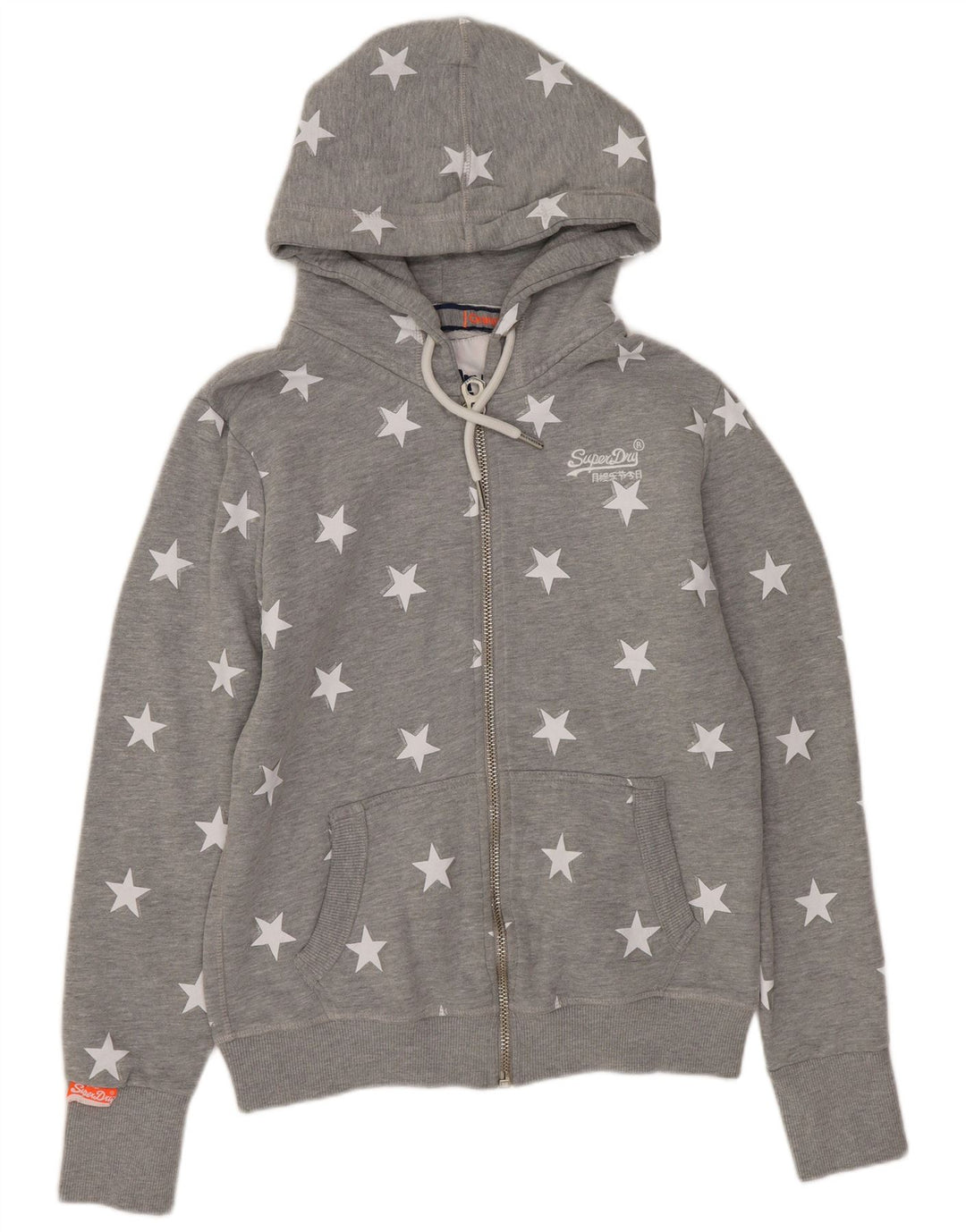 Suéter feminino SUPERDRY com capuz e zíper com padrão abstrato Reino Unido 12 cinza médio