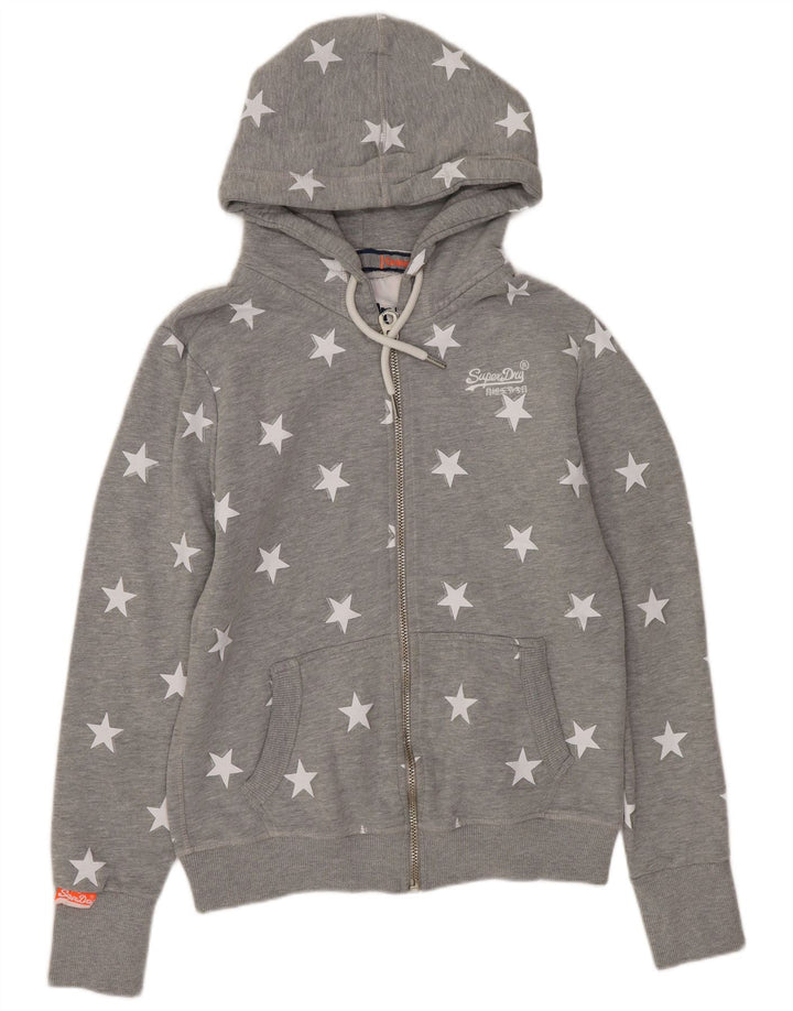Suéter feminino SUPERDRY com capuz e zíper com padrão abstrato Reino Unido 12 cinza médio