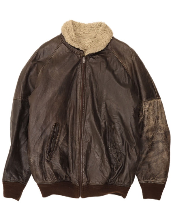 Jaqueta masculina vintage de couro Sherpa IT 52 XL marrom