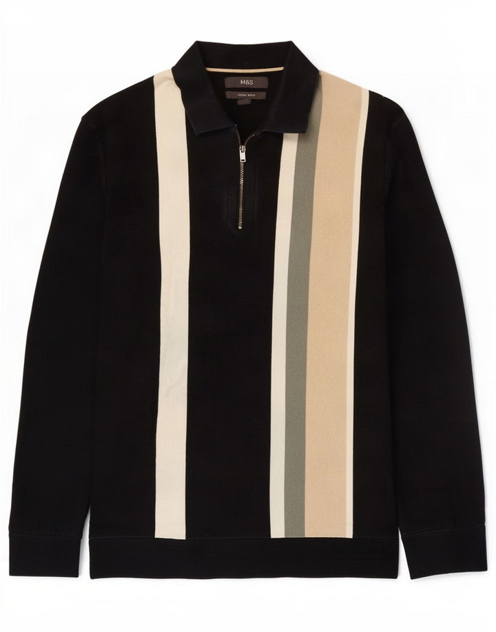 Suéter masculino Marks & Spencer com gola polo e bloco colorido preto médio