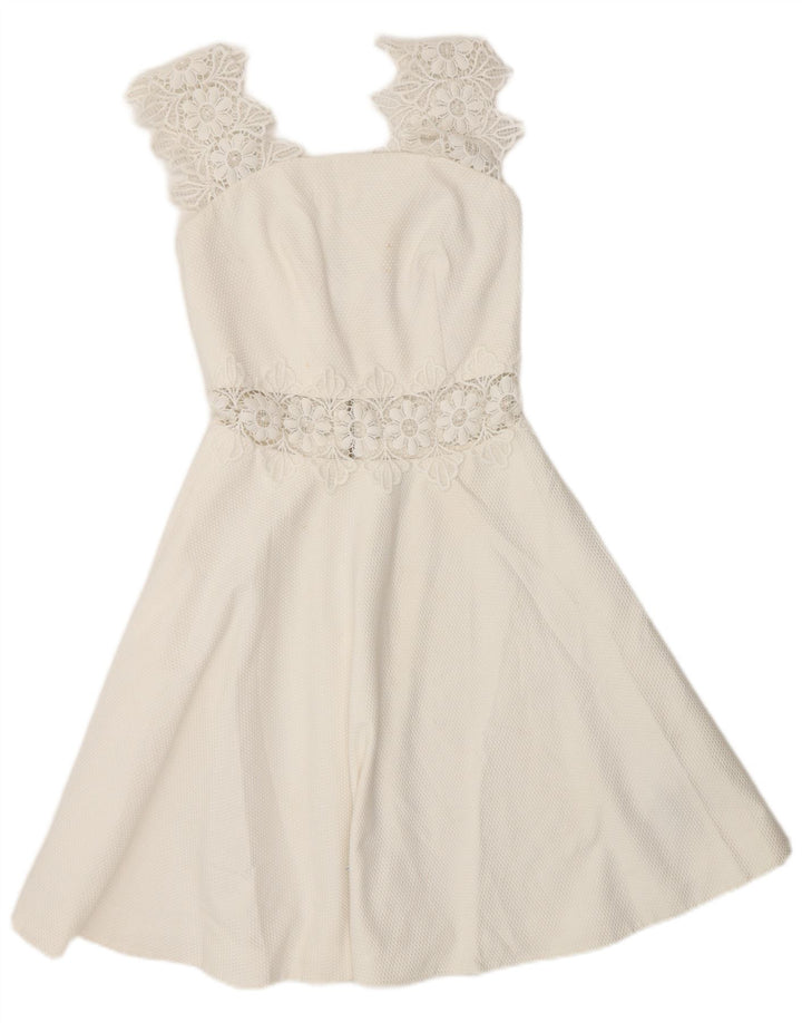 Vestido feminino Ted Baker sem mangas evasê UK 4 XS poliéster branco