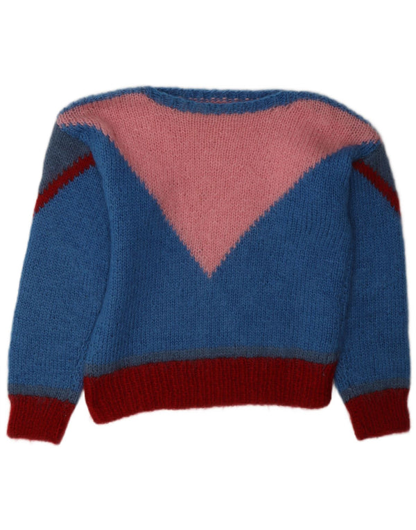 Suéter feminino vintage com gola canoa UK 14 bloco colorido azul médio