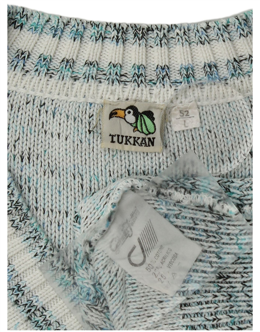 Suéter masculino vintage com decote em V IT 52 algodão geométrico azul grande