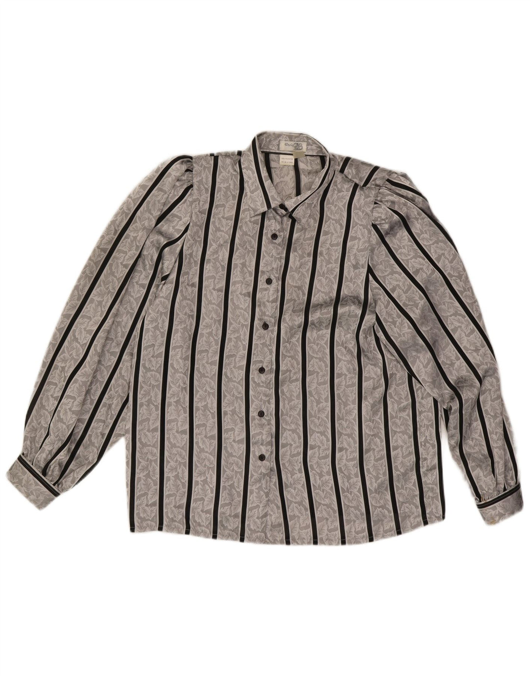 Blusa feminina vintage UK 14/16 poliéster listrado cinza grande