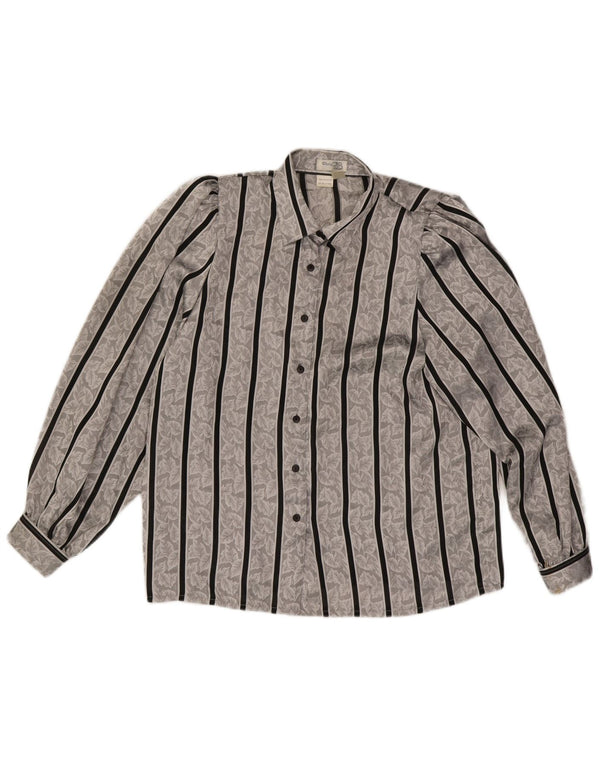 Blusa feminina vintage UK 14/16 poliéster listrado cinza grande