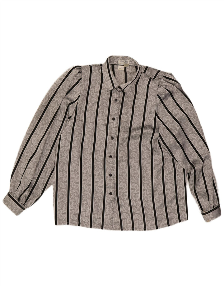 Blusa feminina vintage UK 14/16 poliéster listrado cinza grande