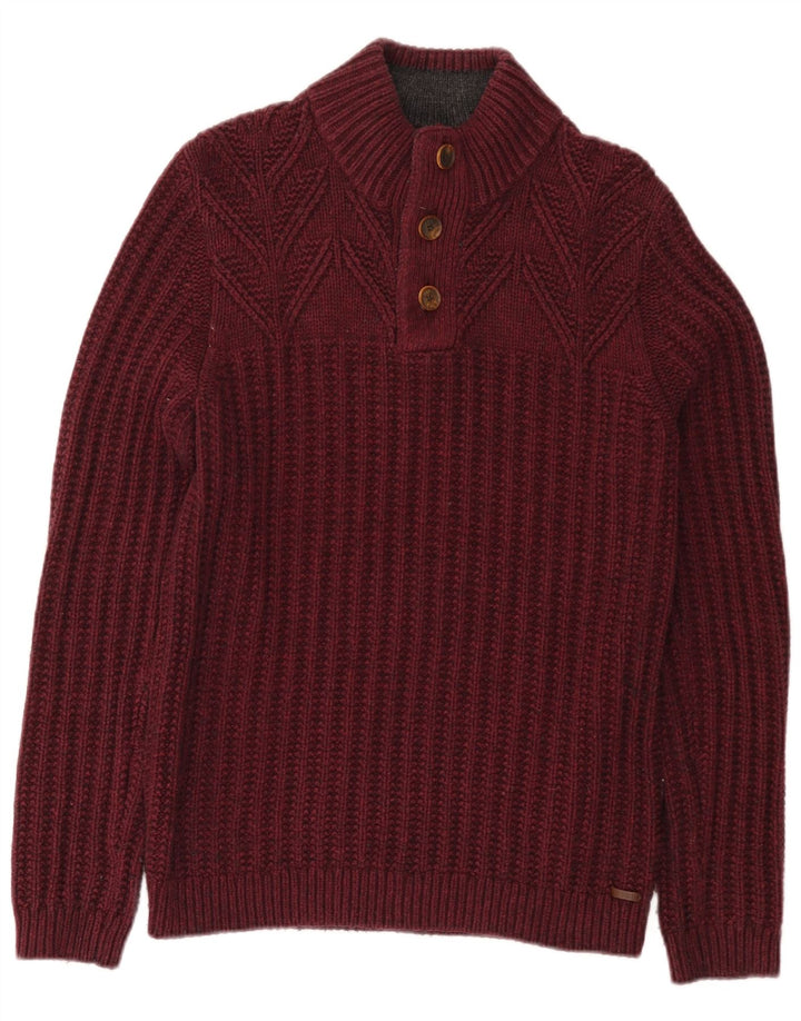 Suéter masculino Ted Baker com gola redonda e botão, tamanho 3, algodão médio borgonha