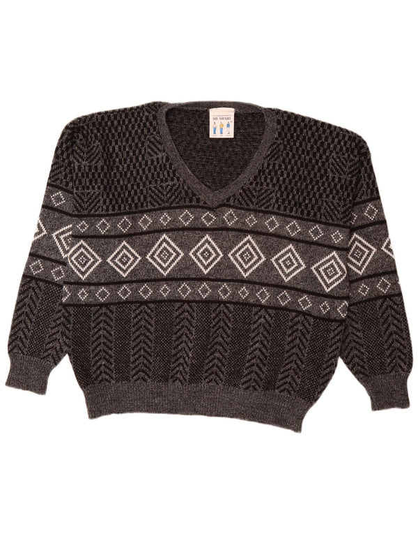 Suéter masculino vintage com decote em V XL cinza geométrico acrílico