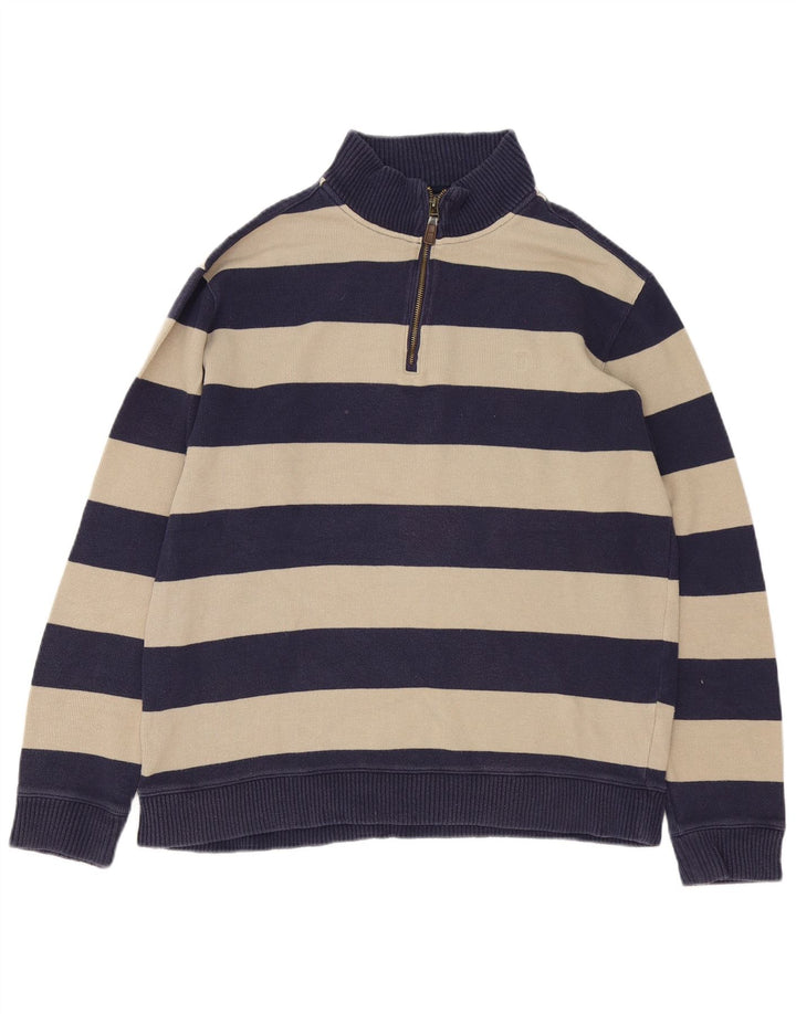 Suéter masculino Marks & Spencer com zíper e gola alta de algodão listrado azul marinho