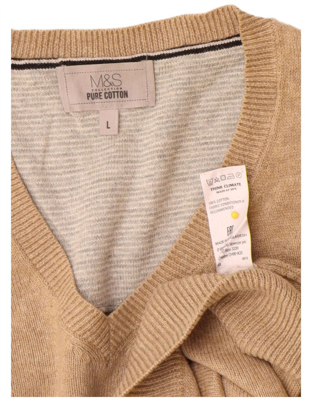 Suéter masculino Marks & Spencer com decote em V, grande algodão bege