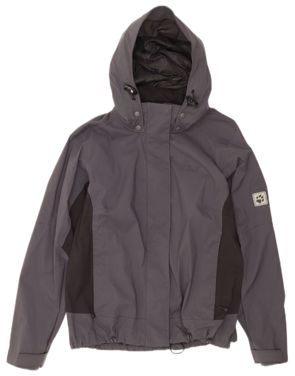 Jaqueta de chuva feminina com capuz Jack Wolfskin UK 18/20 XL azul marinho colorblock