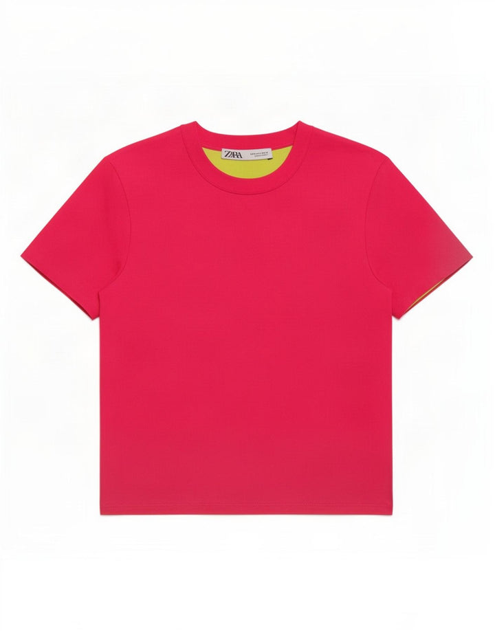 Camiseta feminina Zara Crop Top UK 12 poliéster rosa médio