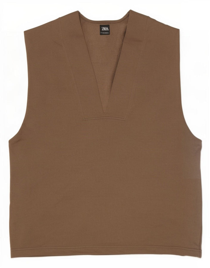 Zara Womens Oversized Vest Top UK 10 Pequeno Algodão Marrom