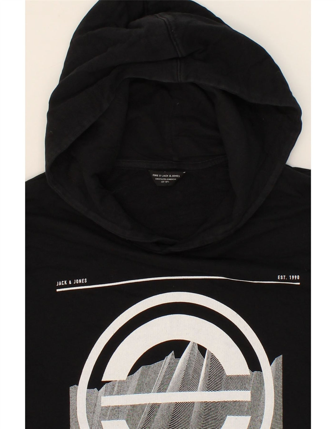 JACK & JONES Mens Graphic Hoodie Jumper Medium Black Cotton Vintage Jack & Jones and Second-Hand Jack & Jones from Messina Hembry 