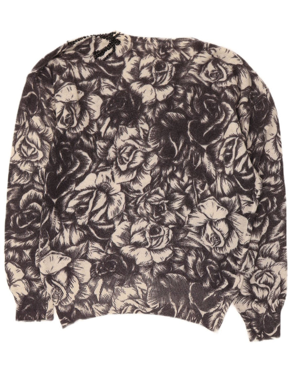 Suéter feminino vintage com gola canoa UK 12 médio preto floral