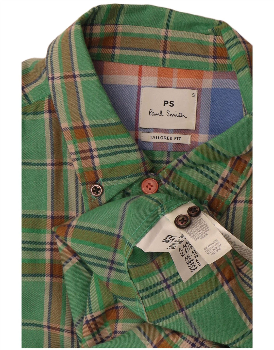 PAUL SMITH Camisa masculina de flanela sob medida, pequena, verde, xadrez, algodão