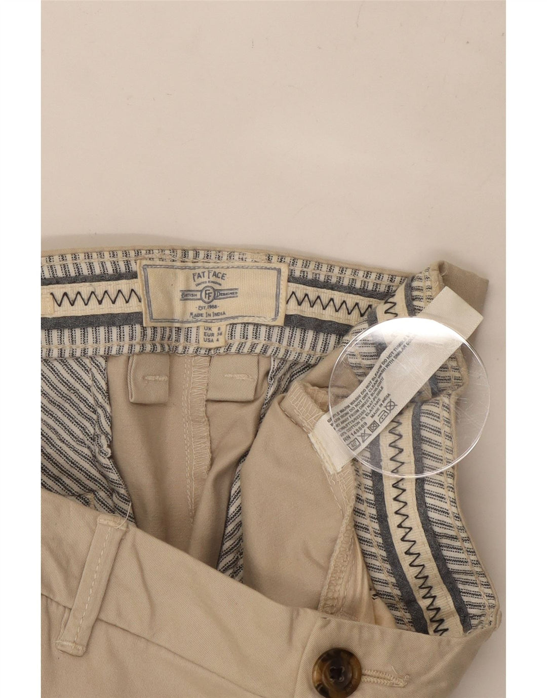 Calça feminina cortada reta FAT FACE UK 8 pequena W30 L23 algodão bege