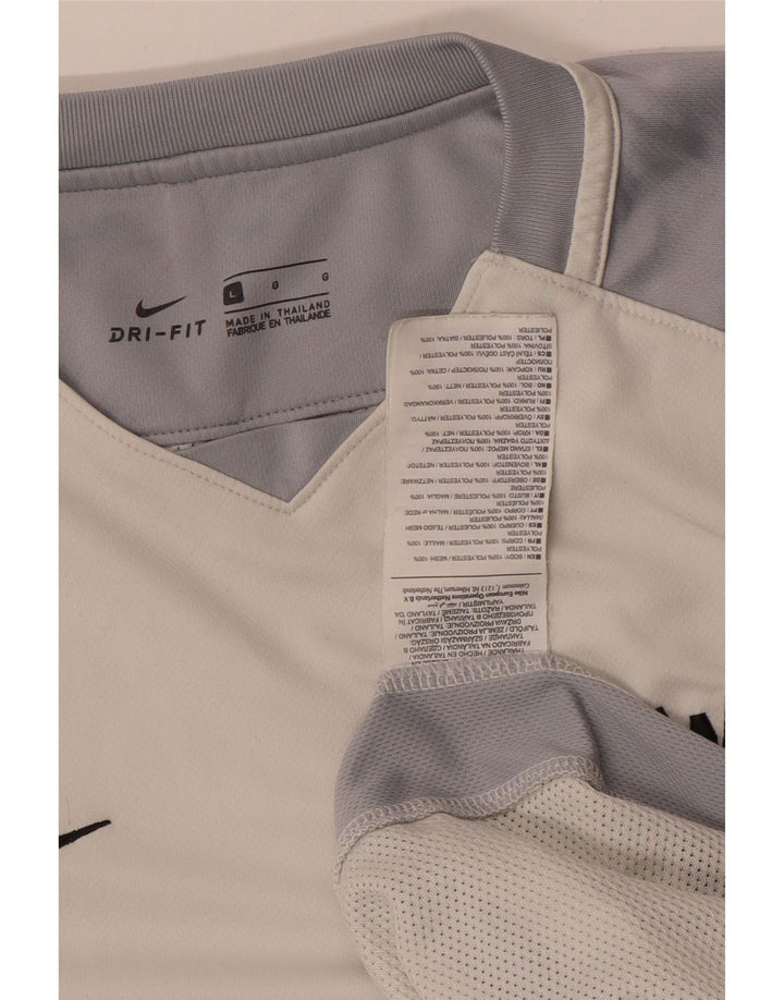 Top gráfico Nike masculino Dri Fit manga comprida grande bloco colorido branco poliéster