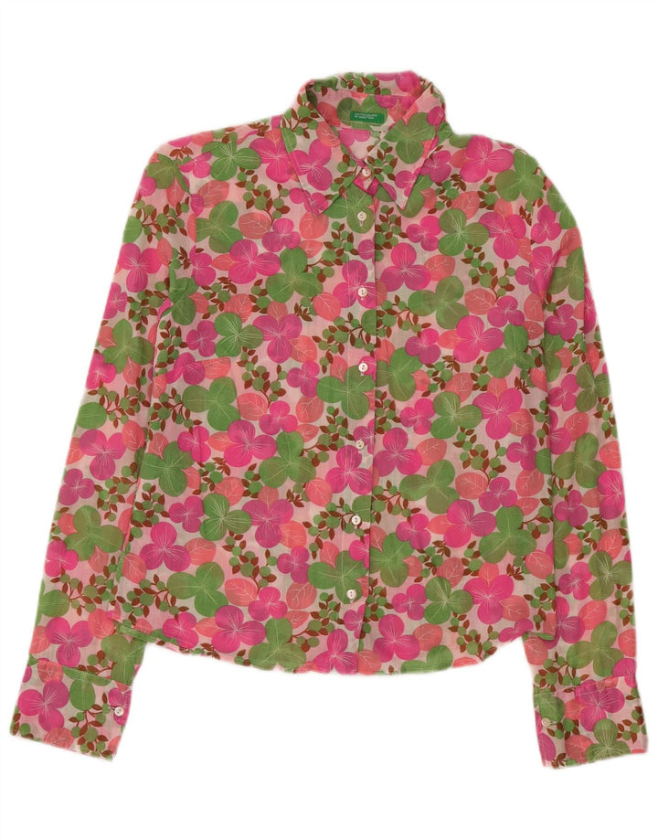 Camisa feminina Benetton UK 14 médio rosa floral