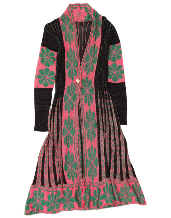 Suéter cardigã feminino vintage com palangre UK 8 pequeno floral preto