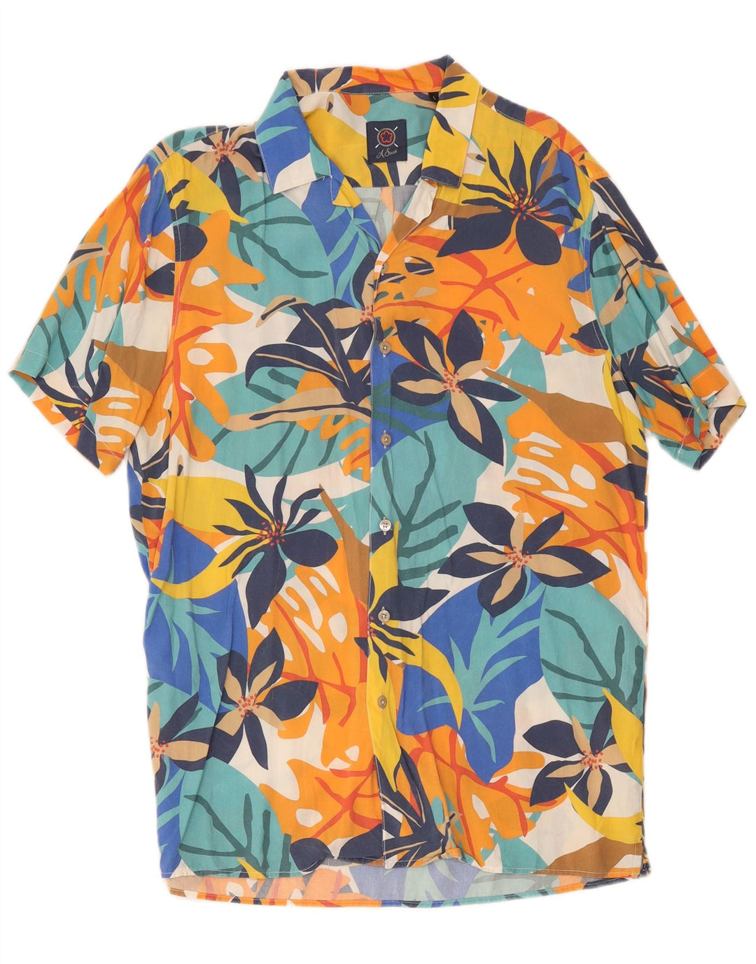 Camisa masculina vintage de manga curta grande viscose floral multicolorida