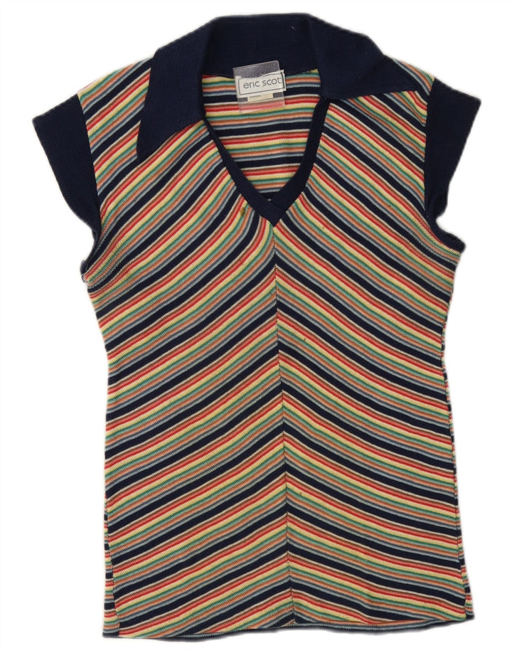Blusa de malha feminina vintage UK 12 listrada média multicolorida