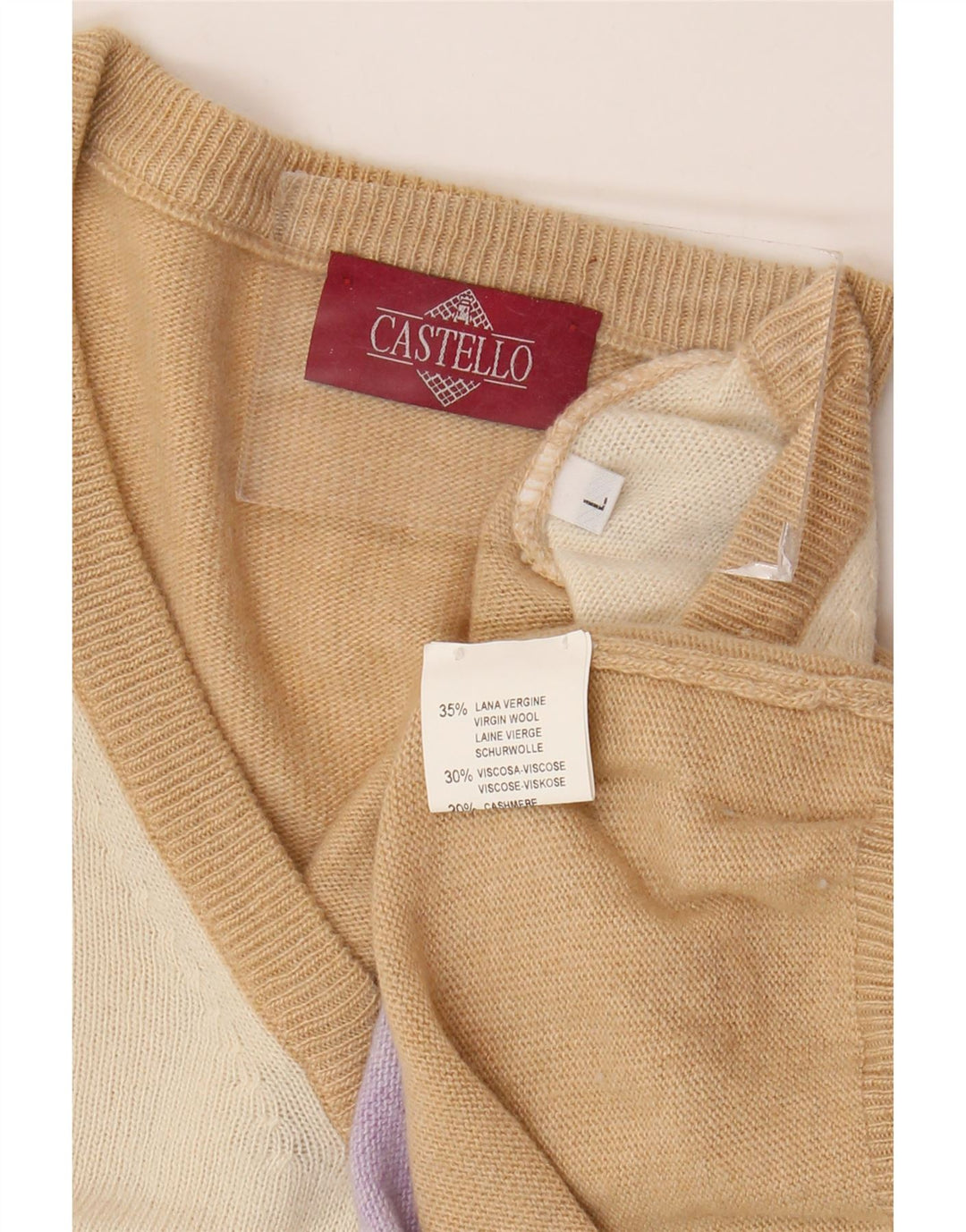 Suéter masculino Castello com decote em V grande bege argyle/lã virgem diamante