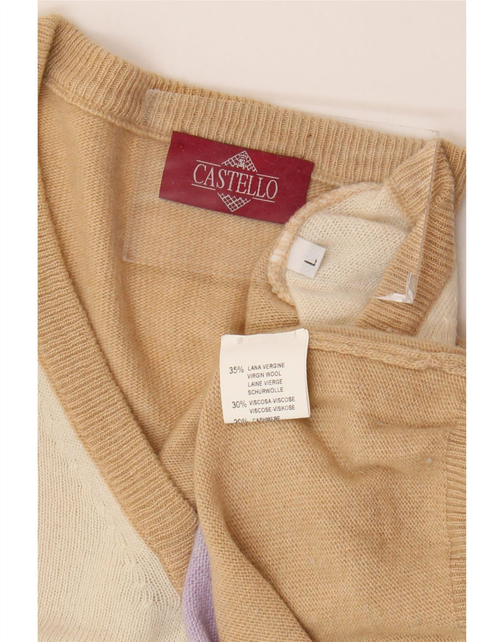 Suéter masculino Castello com decote em V grande bege argyle/lã virgem diamante
