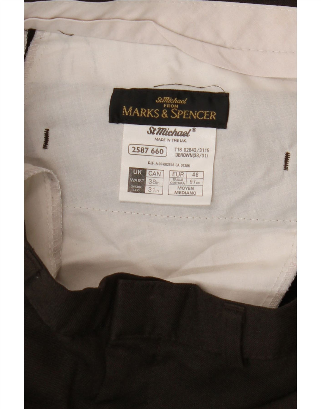 Calça casual masculina cônica Marks & Spencer W38 L31 poliéster marrom